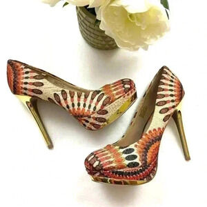 Zigi Girl Multicolor Geometric Stiletto Gold Trim Round Toe Pump Heels Size 7